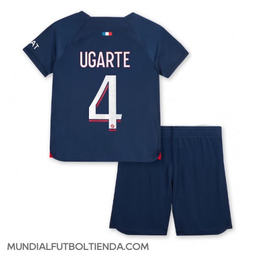 Camiseta Paris Saint-Germain Manuel Ugarte #4 Primera Equipación Replica 2023-24 para niños mangas cortas (+ Pantalones cortos)